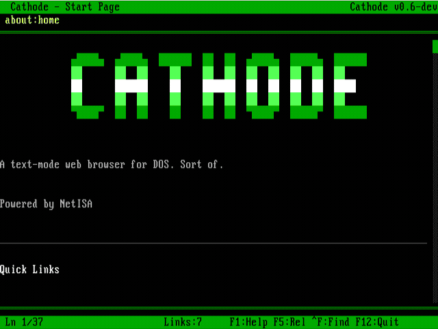 Animated: Cathode v0.5 text-mode browser cycling through five pages: start page, about:portal curated text web, NPR news, OpenBSD man server, barelybooting.com