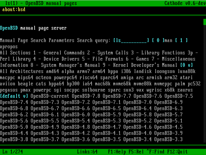 Cathode rendering the OpenBSD manual page server. Title bar 'ls(1) - OpenBSD manual pages'. Heading 'OpenBSD manual page server' in green. Two paragraphs of Manual Page Search Parameters list. Below: long grid of architecture link names: amd64, alpha, armv7, arm64, hppa, i386, landisk, loongson, luna88k, macppc, mips64, octeon, powerpc64, riscv64, sparc64, amiga, arc, armish, arm32, atari, aviion, beagle, cats, hppa64, hp300, ia64, mac68k, mvme68k, mvme88k, mvmeppc, palm, pc532, pegasos, pmax, powerpc, sgi, socppc, solbourne, sparc, sun3, vax, wgrisc, x68k, zaurus. Then OpenBSD version links from 7.8 down to 2.6. Status bar shows 'Ln 1/273' and 'Links:64'.