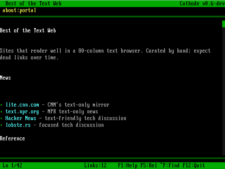 Cathode about:portal screenshot. Title bar 'Best of the Text Web'. Page heading 'Best of the Text Web'. Intro text: 'Sites that render well in a 80-column text browser. Curated by hand; expect dead links over time.' Section header 'News' followed by green-bullet links: 'lite.cnn.com - CNN's text-only mirror', 'text.npr.org - NPR text-only news', 'Hacker News - text-friendly tech discussion', 'lobste.rs - focused tech discussion'. Next section 'Reference' is starting. Status bar shows 'Ln 1/42' and 'Links:12'.