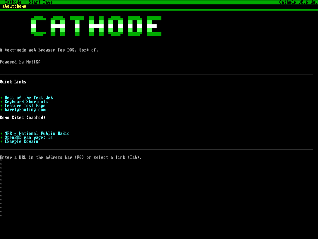 Cathode v0.6 in VESA 132x60 text mode. The wider terminal fits the entire start page in one viewport: CATHODE block logo, tagline, Powered by NetISA line, Quick Links section with 4 entries (Best of the Text Web, Keyboard Shortcuts, Feature Test Page, barelybooting.com), Demo Sites section with 3 cached fixtures (NPR, OpenBSD man page, Example Domain), and the URL-bar prompt. Status bar shows 7 links and the F-key shortcut row.