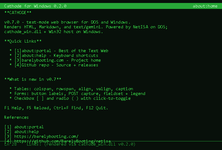 Cathode for Windows 0.2.0 rendering the start page. Title bar 'Cathode for Windows 0.2.0' on the left, 'about:home' on the right. Page heading 'CATHODE'. Tagline 'v0.7.0 - text-mode web browser for DOS and Windows. Renders HTML, Markdown, and text/gemini. Powered by NetISA on DOS; cathode_win.dll + Win32 host on Windows.' 'Quick Links' section with four bullet links: about:portal - Best of the Text Web, about:help - Keyboard shortcuts, barelybooting.com - Project home, GitHub repo - Source + releases. 'What is new in v0.7' bullets: Tables: colspan, rowspan, align, valign, caption; Forms: button labels, POST capture, fieldset + legend; Checkbox [ ] and radio ( ) with click-to-toggle. Footer 'F1 Help, F5 Reload, Ctrl+F Find, F12 Quit.' followed by a References list resolving the four link labels to their URLs.
