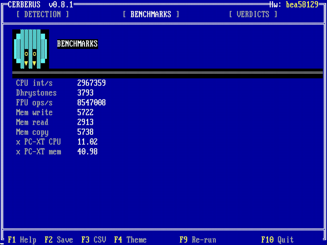 CERBERUS BENCHMARKS pane (v0.8.1 era screenshot) with two-dog logo. CPU integer ops per second 2,967,359, Dhrystones 3793, FPU ops per second 8,547,008, memory write 5722, read 2913, copy 5738. PC-XT CPU factor 11.02, PC-XT mem factor 40.98.