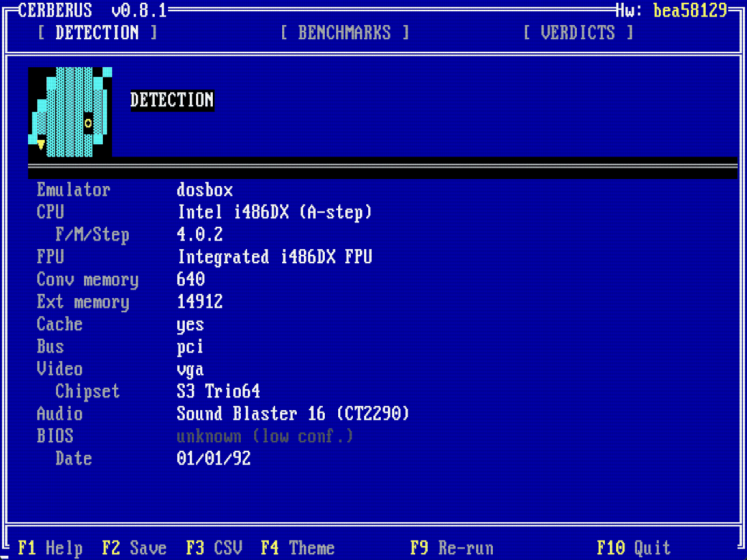 CERBERUS three-pane DETECTION view (v0.8.1 era screenshot). Phosphor cyan dog logo on the left, hardware list showing Intel i486DX (A-step) CPU, Integrated i486DX FPU, 14912 KB extended memory, S3 Trio64 video, Sound Blaster 16 (CT2290) audio. Status bar across the bottom with F1 Help, F2 Save, F3 CSV, F4 Theme, F9 Re-run, F10 Quit.