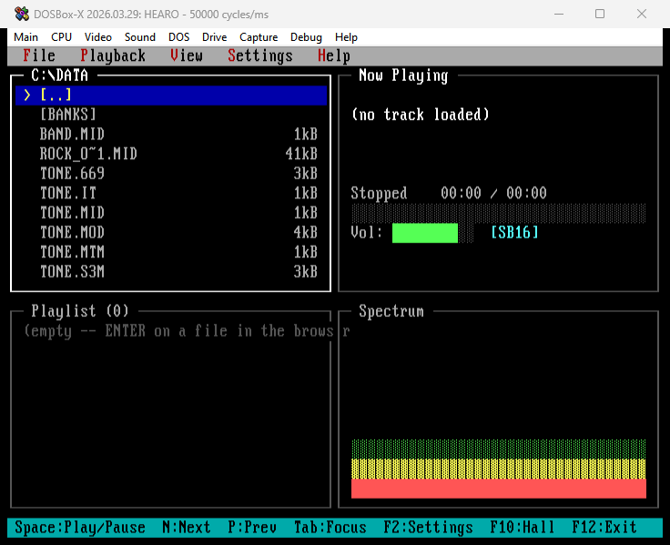 HEARO v1.4 main UI in DOSBox-X. Four-pane text-mode layout: top-left file browser showing C:\DATA contents (TONE.MOD highlighted), top-right Now Playing pane reading 'no track loaded', bottom-left Playlist pane (empty), bottom-right Spectrum visualizer showing the dim default sweep.