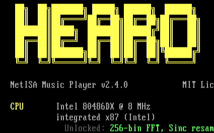 HEARO v2.4.0 boot screen in DOSBox-X. Big CP437 block-letter HEARO logo at top in amber. Subtitle 'NetISA Music Player v2.4.0' with 'MIT License' on the right. Below, the start of detection output: 'CPU  Intel 80486DX @ 8 MHz / integrated x87 (Intel) / Unlocked: 256-bin FFT, Sinc resam(pling)' in alternating amber + green for detected items + unlocked features.