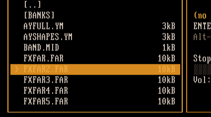 HEARO v2.4 file browser in DOSBox-X, Stereo Receiver amber theme. Left pane shows C:\DATA file listing with FXFAR2.FAR highlighted in solid amber on a brown row; other entries in dim amber. File sizes (3kB, 10kB) right-aligned. Right sidebar shows the Now Playing pane reading '(no track)' with ENTER / Alt-key hints below and a Stop / Vol panel at the bottom.