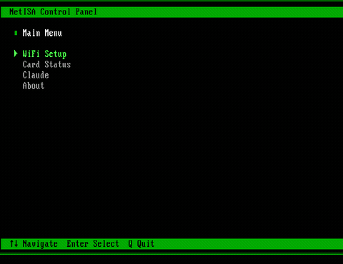 Animated: NetISA control panel main menu showing WiFi Setup, Card Status, and About options with keyboard navigation