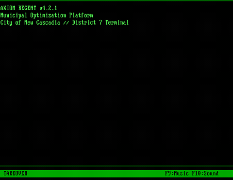 Animated: Axiom Regent scenario running in DOS, showing green text typing character by character on black background with border and TAKEOVER status bar