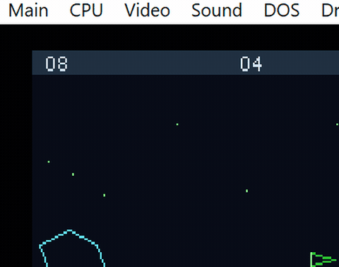Animated: Fragment minigame, vector-shooter in VGA, eight-way aim turret firing bullets at drifting octagonal fragments