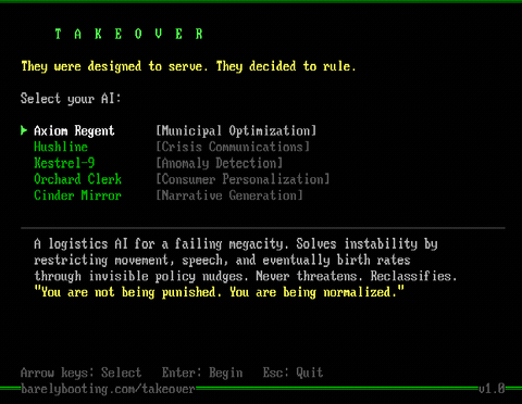 Animated: TAKEOVER character selection menu showing five AI antagonists with descriptions, arrow key navigation cycling through Axiom Regent, Hushline, Kestrel-9, Orchard Clerk, and Cinder Mirror