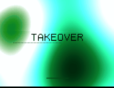 Animated: VGA Mode 13h plasma title screen with animated green-cyan-white color cycling and TAKEOVER logo rendered in pixel font