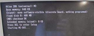 POST text on a CRT: Atlas 286 (universal) M3, base memory 640 KB, fixed disk 0: 488 MB, CMOS checksum OK, Starting MS-DOS...