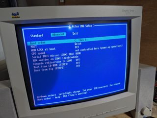 The Atlas 286 Setup Advanced page: boot order, quick POST, NUM LOCK, CPU speed, the serial POST mirror, the ROM monitor, console redirection, and CD-ROM and Zip boot options