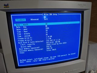 The Atlas 286 Setup Standard page showing the date, time, floppy drives, the auto-detected 488 MB CF card with its 993/16/63 geometry, 640 KB base and 2048 KB extended memory